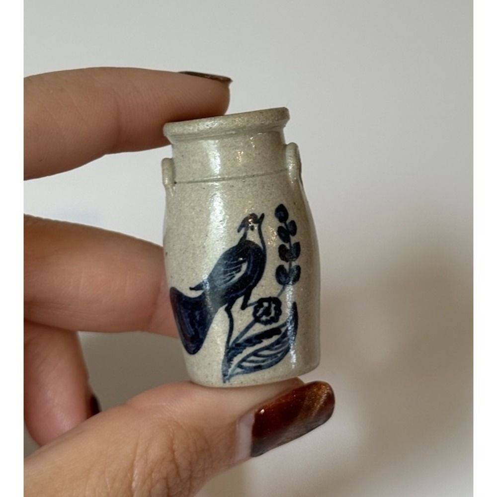 CNC Pottery Carolyn Nygren Curran Miniature Stoneware Cobalt Bird Crock Signed